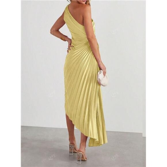 NEW - Elegant Yellow Pleated Ruffle Hem Asymmetrical Neck Dress - Picture 4 of 8